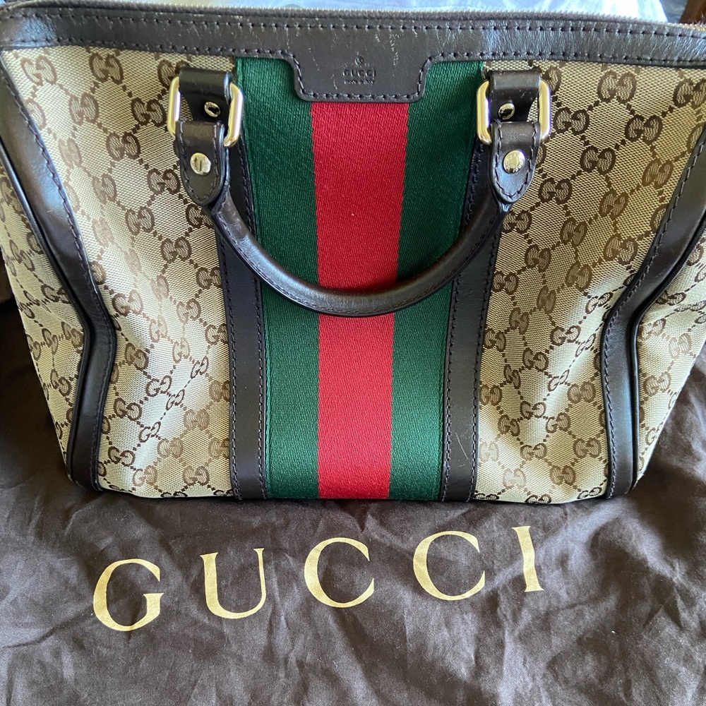 Gucci Brown/Beige GG Canvas Medium Boston Bag